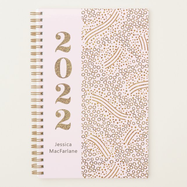 Modern Blush Pink Gold Confetti 2022 Year Monogram Planner (Front)