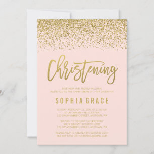 Modern Blush Pink Gold Faux Glitter Christening Invitation