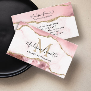 Modern Blush Pink Gold Glitter Agate Monogram Business Card