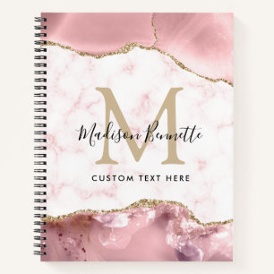 Modern Blush Pink Gold Glitter Agate Monogram Notebook