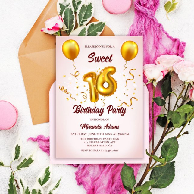 Modern Blush Pink Gold Glitter Balloons Sweet 16 Invitation (Creator Uploaded)