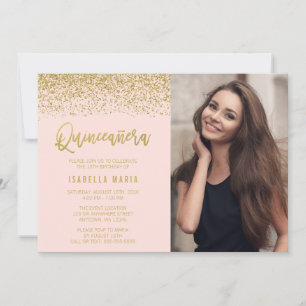 Modern Blush Pink Gold Glitter Quinceanera Photo Invitation