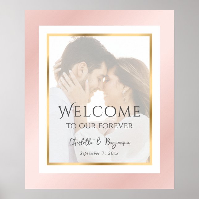 Modern Blush Pink Gold Photo Wedding Welcome Sign (Front)