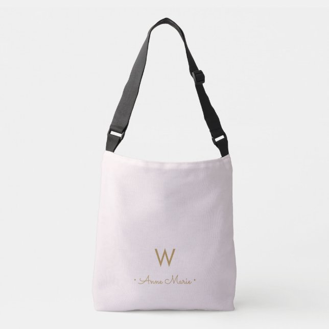 Modern Blush Pink Gold Script Monogram Crossbody Bag (Front)