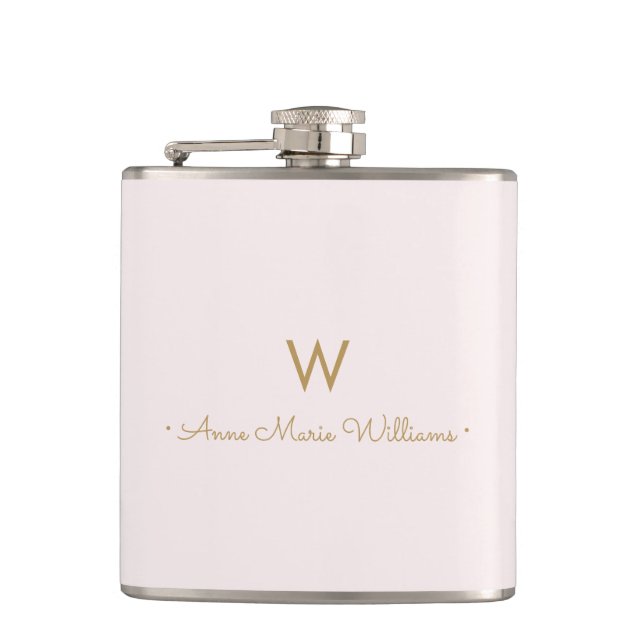 Modern Blush Pink Gold Script Monogram Hip Flask (Front)