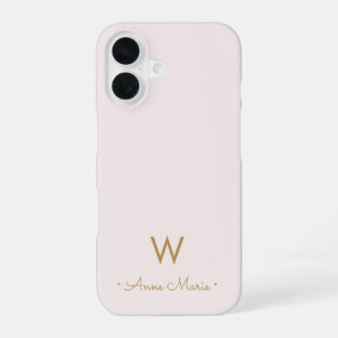 Modern Blush Pink Gold Script Monogram iPhone 16 Case