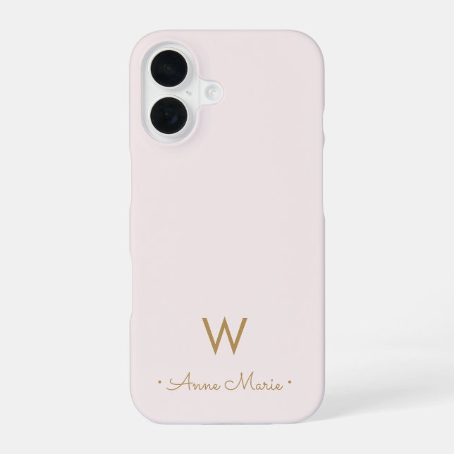 Modern Blush Pink Gold Script Monogram iPhone 16 Case (Back)