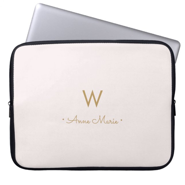 Modern Blush Pink Gold Script Monogram Laptop Sleeve (Front)