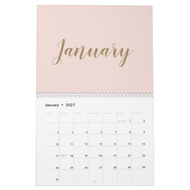 Modern blush pink gold script month girly chic calendar (Jan 2027)