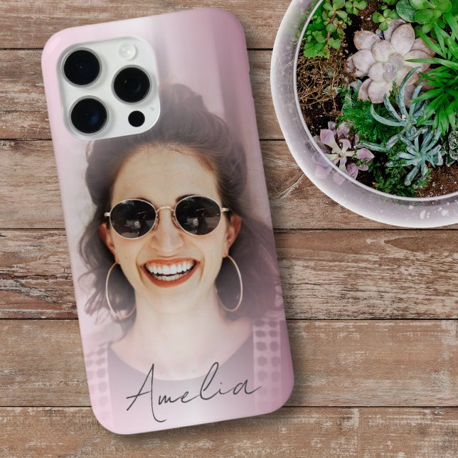Modern Blush Pink Gradient One Photo Your Name Case-Mate iPhone Case (Creator Uploaded)