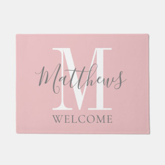 Modern Blush Pink Grey Monogram Newlyweds Wedding Doormat