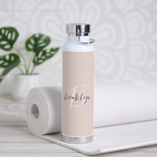 Modern Blush Pink Grey Script Monogram Name Water Bottle