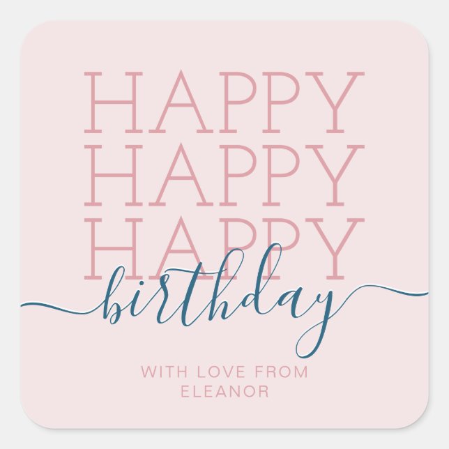Modern blush pink Happy Birthday Square Sticker (Front)