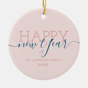 Modern blush pink Happy new Year Ceramic Ornament