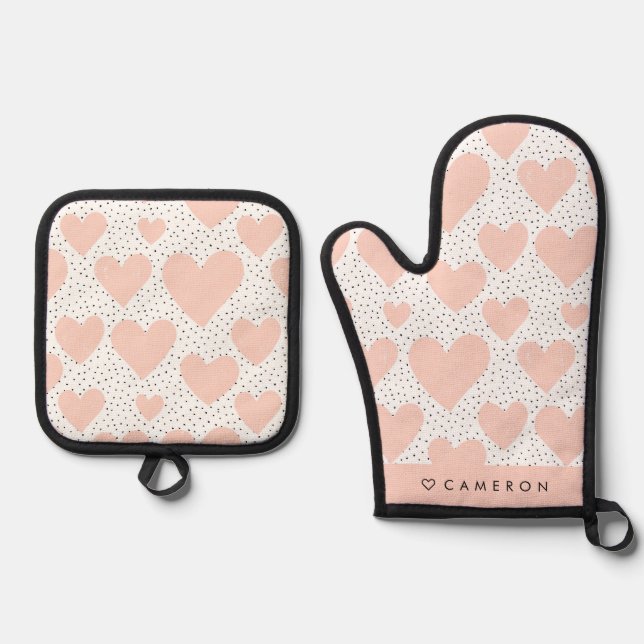 Modern Blush Pink Heart Pattern Personalized Oven Mitt & Pot Holder Set (Front)