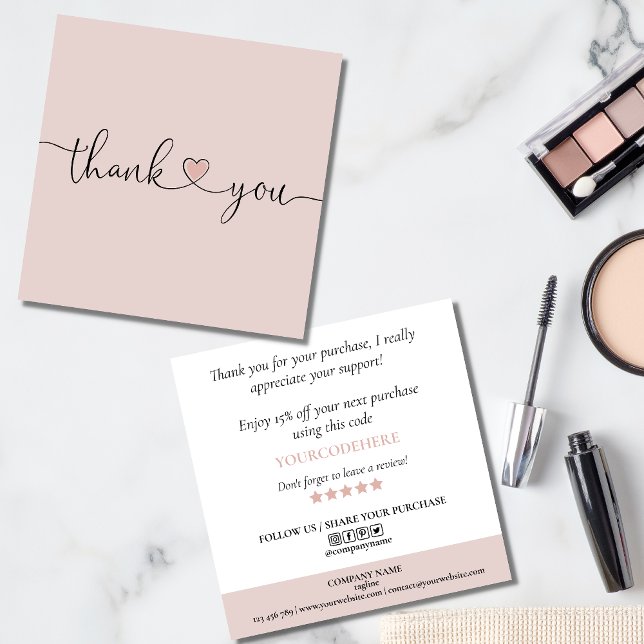 modern blush pink heart thank you for your order square business card (Creator Uploaded)