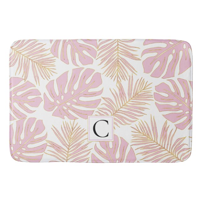 Modern blush pink leaves and monogram tropical bath mat (Front)