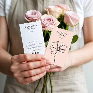 Modern blush pink line art floral drawing elegant business card