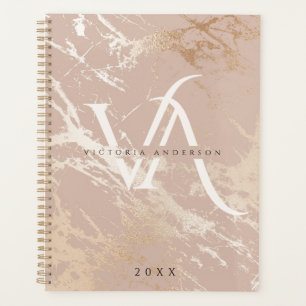 Modern Blush Pink Marble White Monogram Custom Planner