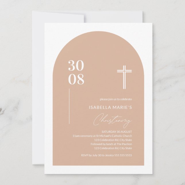 Modern Blush Pink Minimalist Arch Christening Invitation (Front)