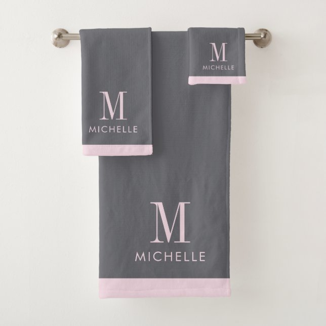 Modern Blush Pink Monogram Grey Bath Towel Set (Insitu)