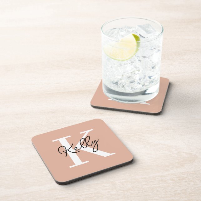 Modern Blush Pink Monogram Script Coaster (Right Side)