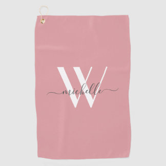 Modern Blush Pink Monogram Script Name Stylish  Golf Towel