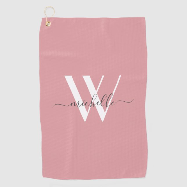 Modern Blush Pink Monogram Script Name Stylish  Golf Towel (Front)