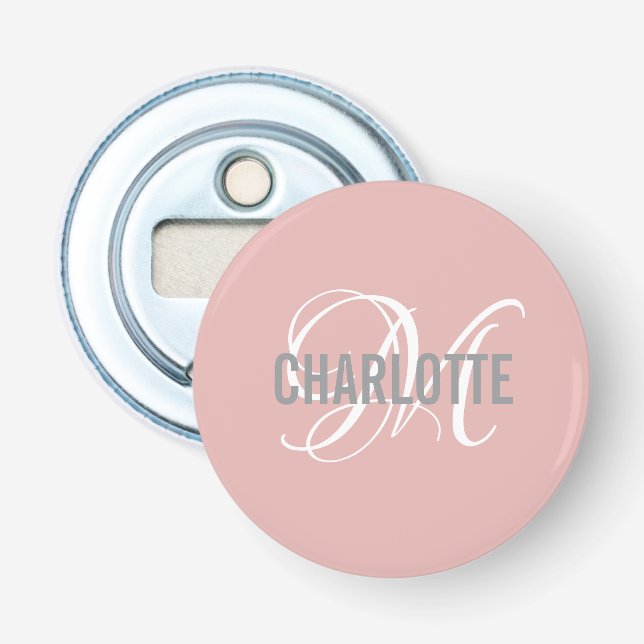 Modern Blush Pink Monogrammed Button Bottle Opener (Front)