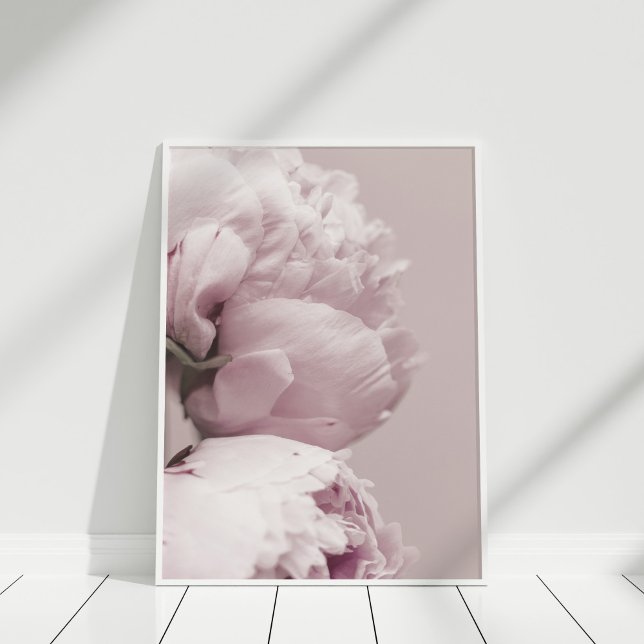 Modern Blush Pink Peony Photo Print (Blush Dusty Pink Peony Print in white frame on wooden floor.)