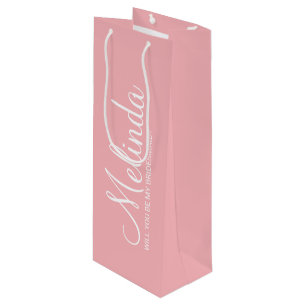 Modern Blush Pink Personalized Bridesmaid Proposal Wine Gift Bag