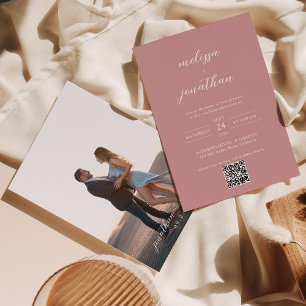Modern Blush Pink Photo Script QR Code Wedding Invitation