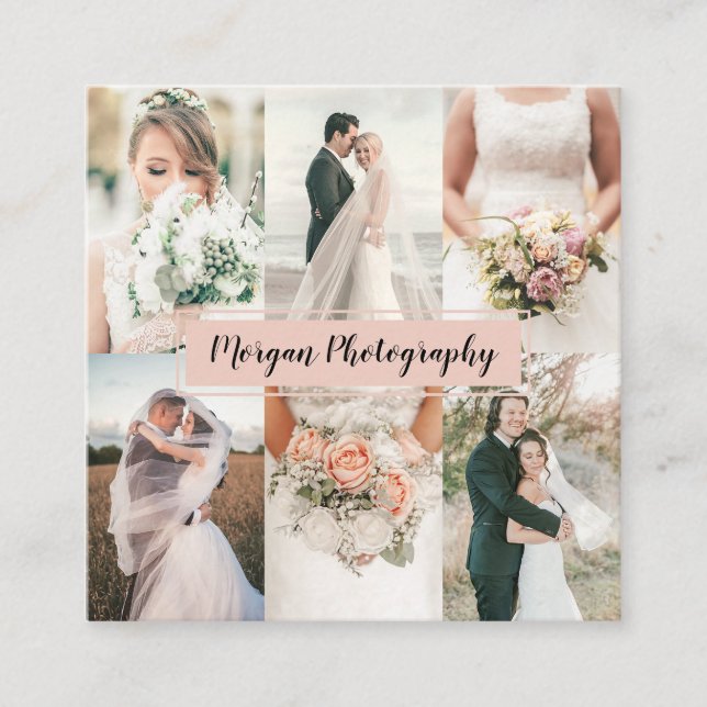 Modern blush pink photographer photo collage plain square business card (Front)