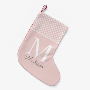 Modern blush pink polka dot pattern name monogram small christmas stocking