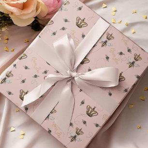 Modern Blush Pink Queen Bee Gold Crown Wrapping Paper