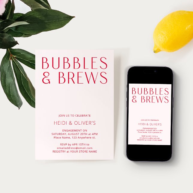 Modern Blush Pink & Red Bubbles & Brews Engagement Invitation (Creator Uploaded)
