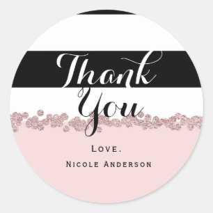 Modern Blush Pink Rose Gold Black & White Stripe Classic Round Sticker