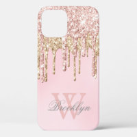 Modern Blush Pink Rose Gold Glitter Drips Monogram
