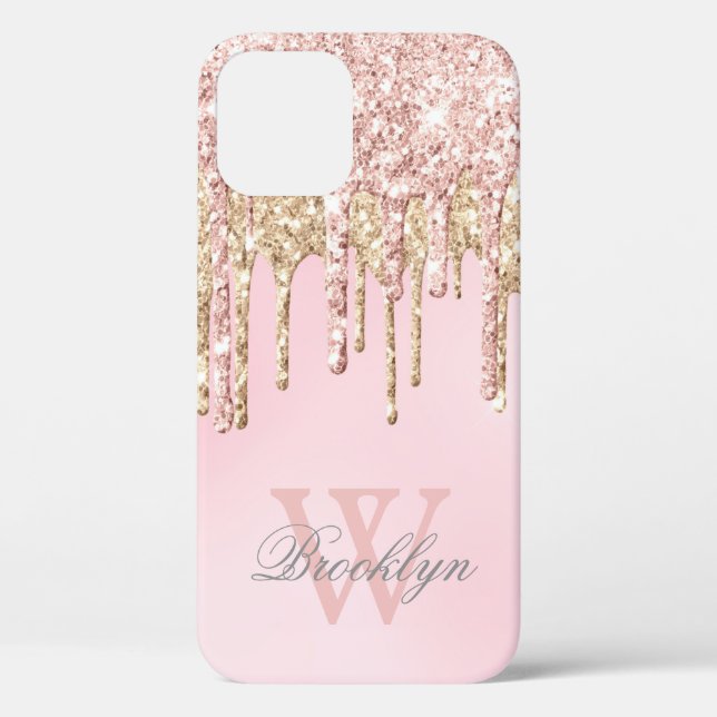 Modern Blush Pink Rose Gold Glitter Drips Monogram Case-Mate iPhone Case (Back)