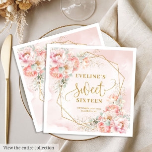 Modern Blush Pink Sage Gold Floral Sweet Sixteen Napkin