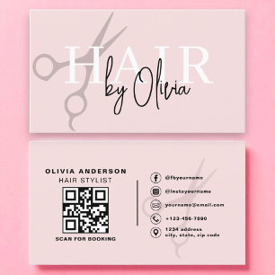 Modern Blush Pink Scissors QR Code Hair Stylist Business Card