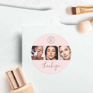 Modern Blush Pink Script 3 Photo Makeup Thank You Classic Round Sticker