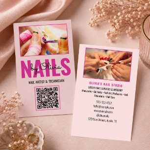 Modern Blush Pink Script Photo Qr Code Nail Salon Business Card
