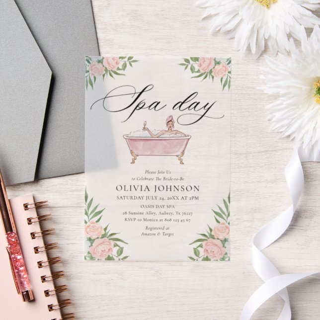 Modern Blush Pink Spa Day Bridal Shower Vellum Invitations (Wedding)