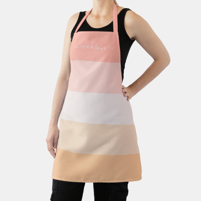 Modern blush pink striped script name apron (Insitu)