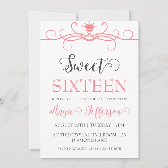 modern blush pink sweet 16 birthday invitations (Front)