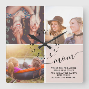Modern blush pink thank you mom 3 photo collage square wall clock