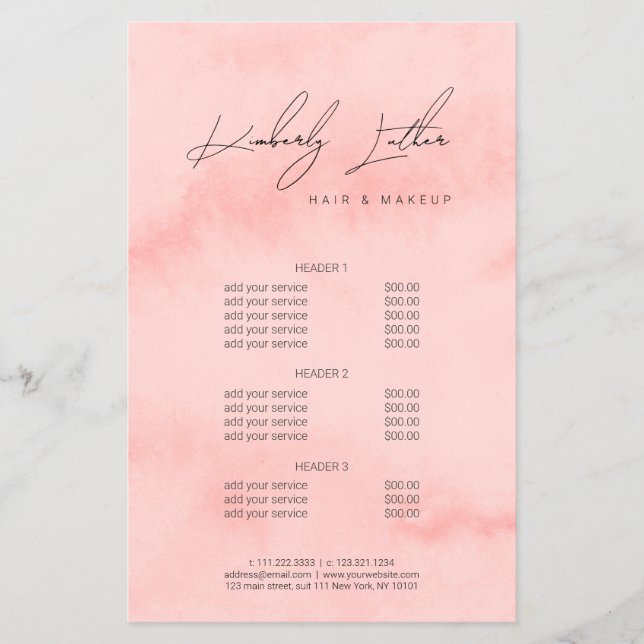Modern blush pink watercolor makeup & hair flyer (Front)