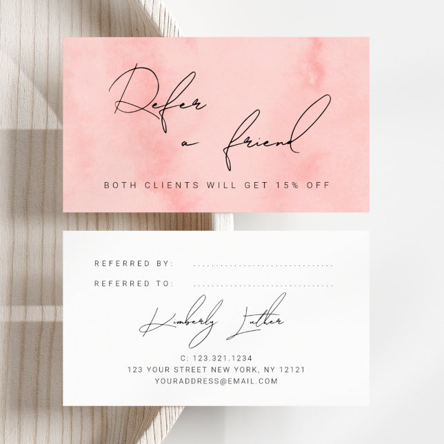 Modern blush pink watercolor makeup & hair referral card (Creator Uploaded)