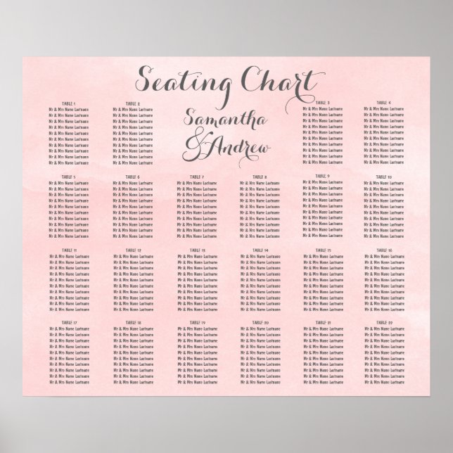 Modern blush pink watercolor table seating chart 2 (Front)